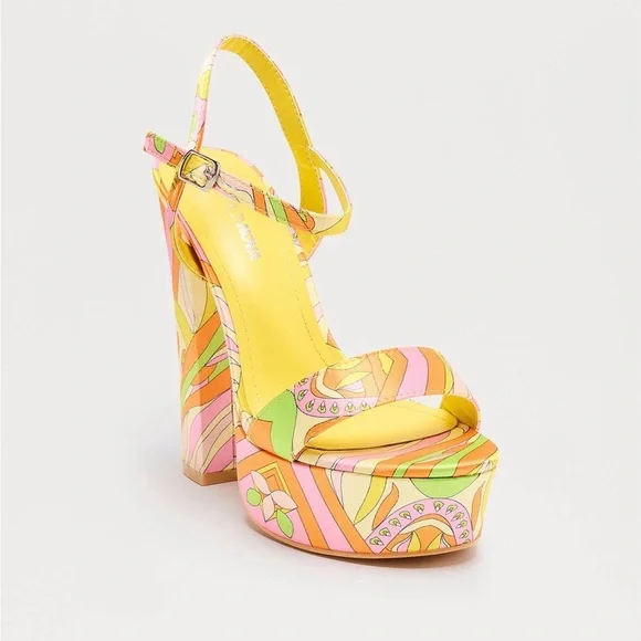 Fashion Nova Yellow Pink Multicolor Retro Printed Platform Heels - Picture 11 of 11